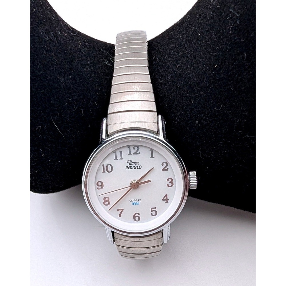 Timex Indiglo Womens Watch Silver Tone Expansion Band White Dial Quartz T F8